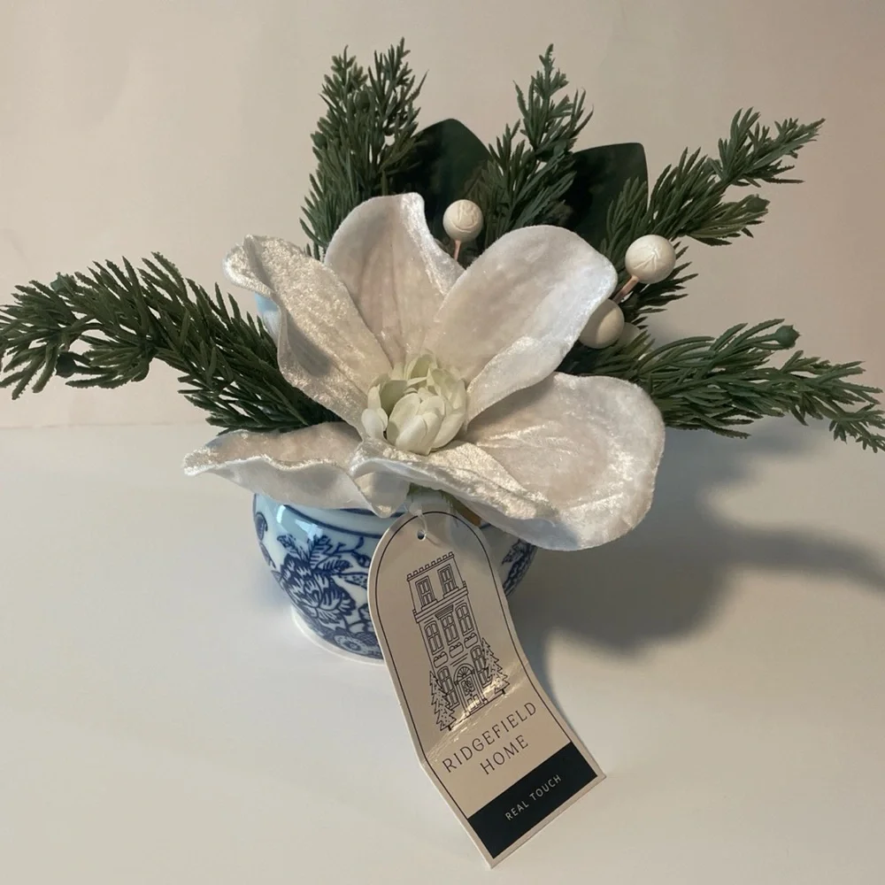 Ridgefield Home 7” Real Touch Winter Floral Arrangement w Ceramic Pot New